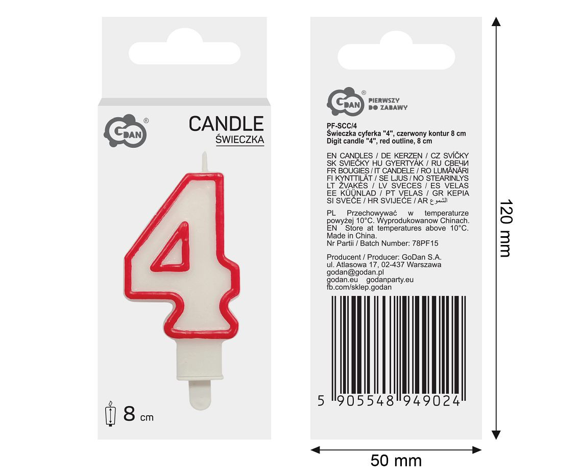Świeczka cyferka "4", czerwony kontur 8 cm